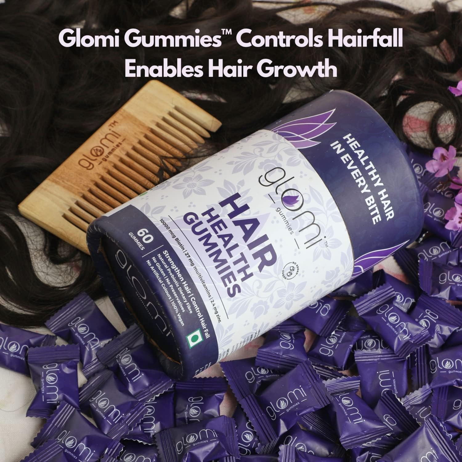 Glomi Biotin Hair Growth Gummies for Stronger Hair, Shinier Skin and Nails | Strawberry flavored | 100% Vegan | Zero Preservatives | Sugar free | 30 Days Pack