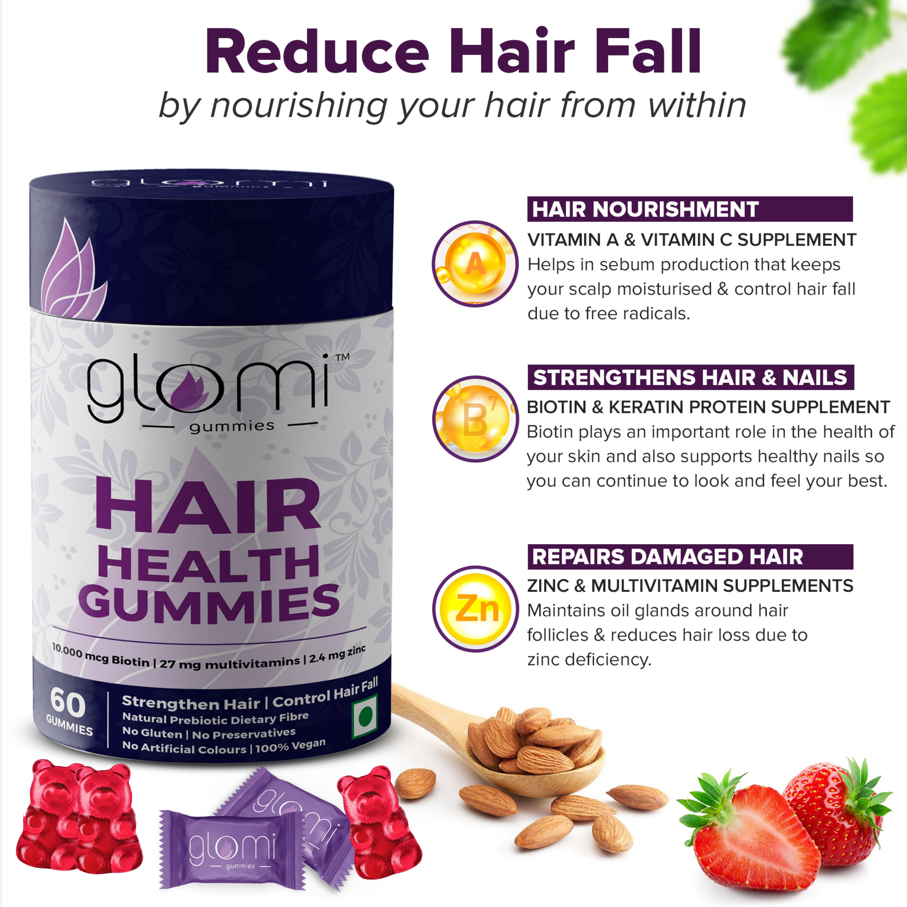 Glomi Biotin Hair Growth Gummies for Stronger Hair, Shinier Skin and Nails | Strawberry flavored | 100% Vegan | Zero Preservatives | Sugar free | 30 Days Pack